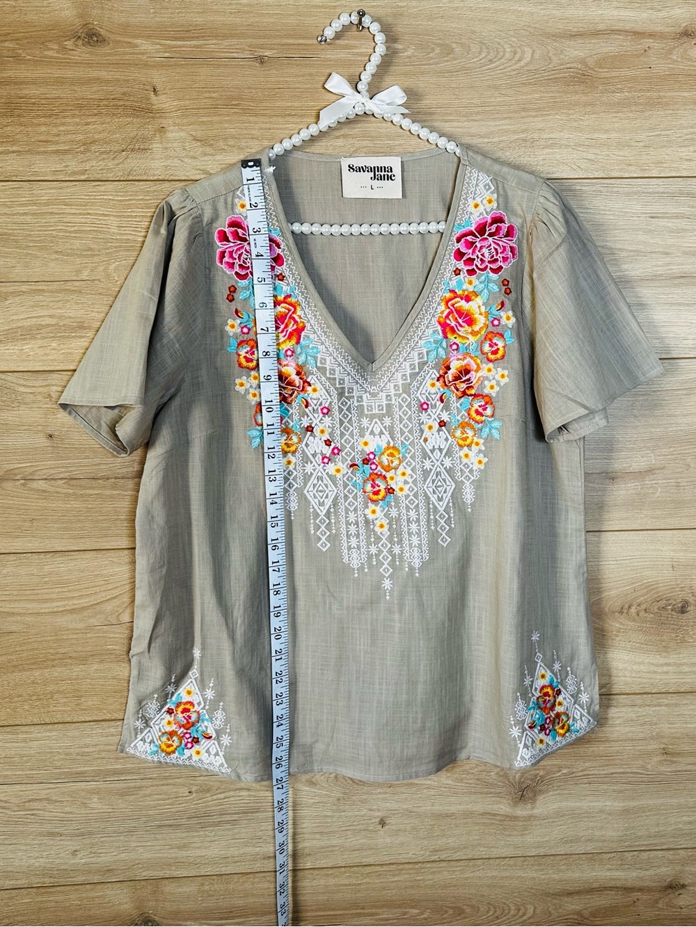 Savanna Jane Gray V-Neck Tunic with Pink, Yellow & Blue Floral Embroidery - Picture 9 of 12